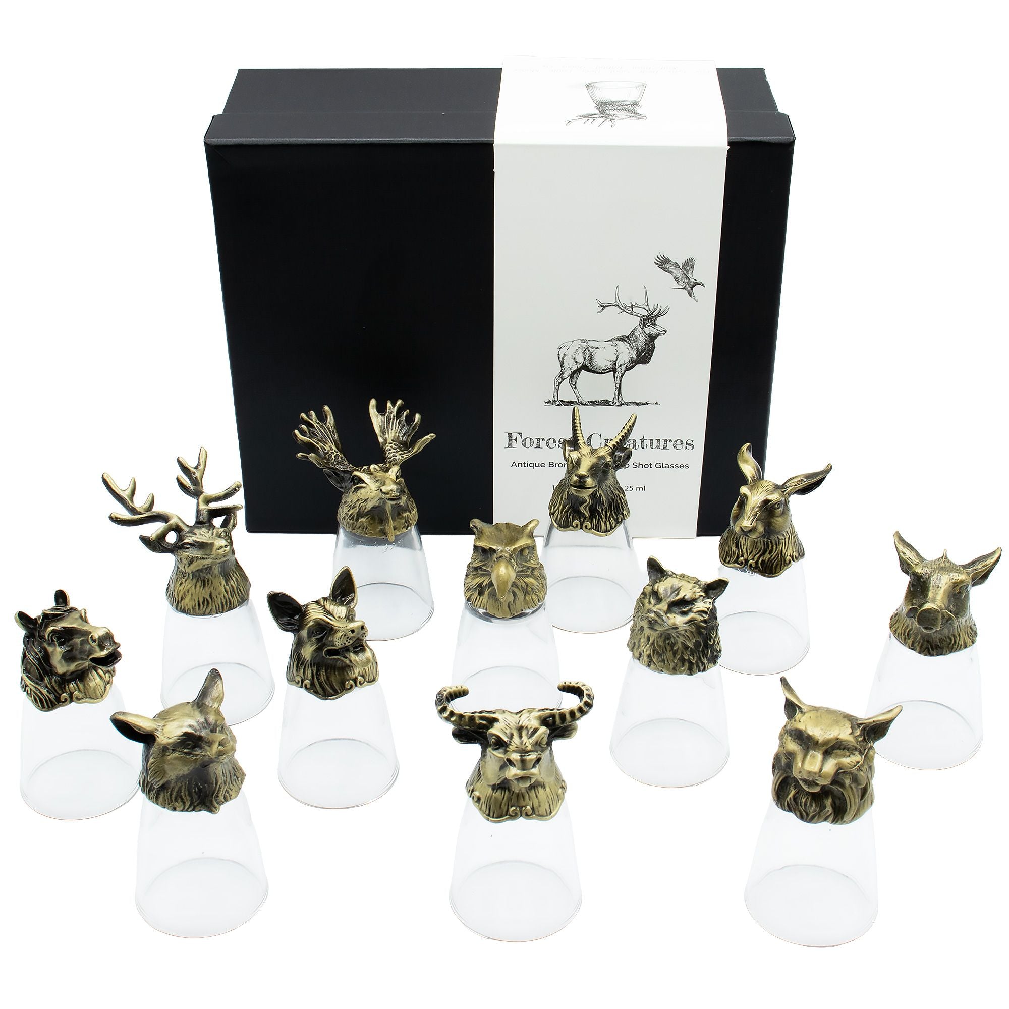 Gift Set of 12 Bottom Up Shot Glasses (25ml) - Forest & Mystical Creatures - Antique Bronze
