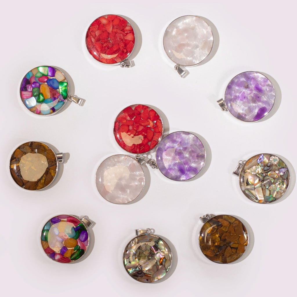 Steel-Cased Round Gemstone Pendants – Assorted (Set of 12)