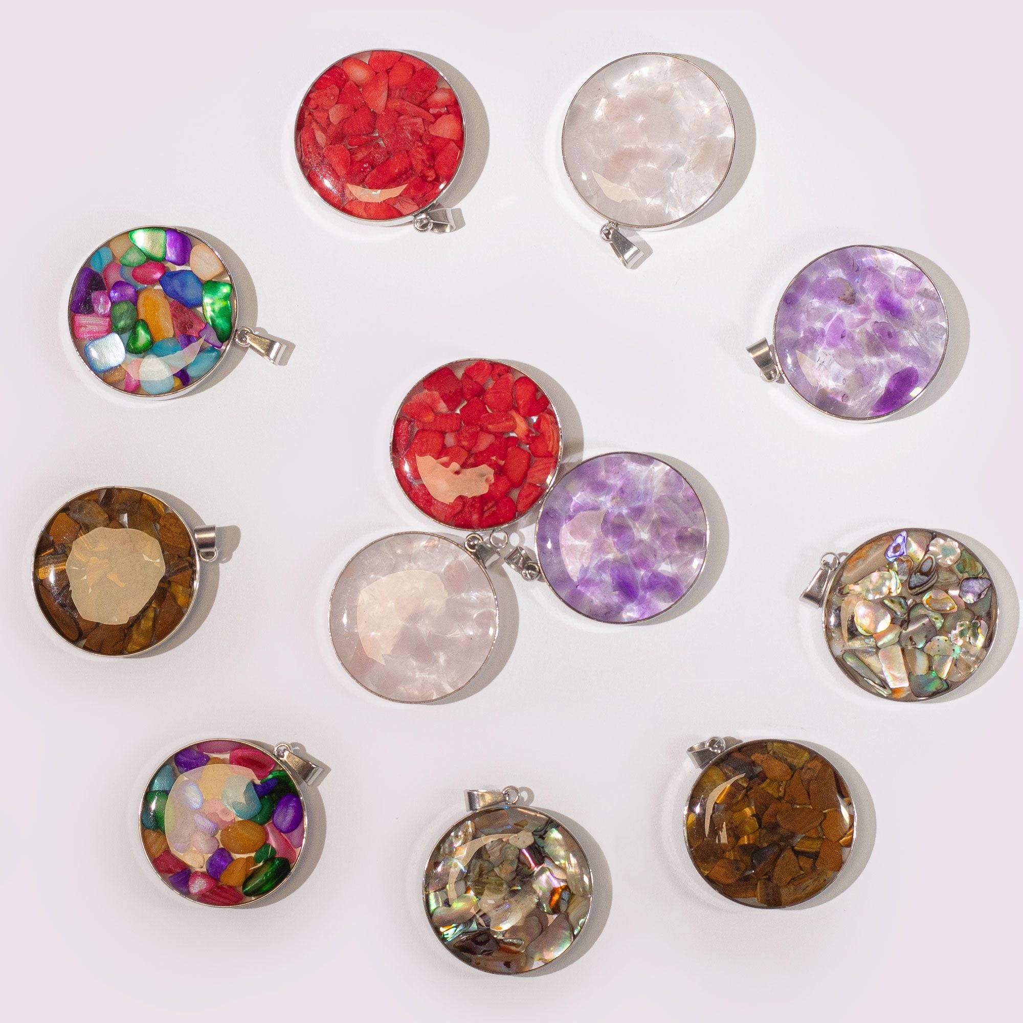 Steel-Cased Round Gemstone Pendants – Assorted (Set of 12)