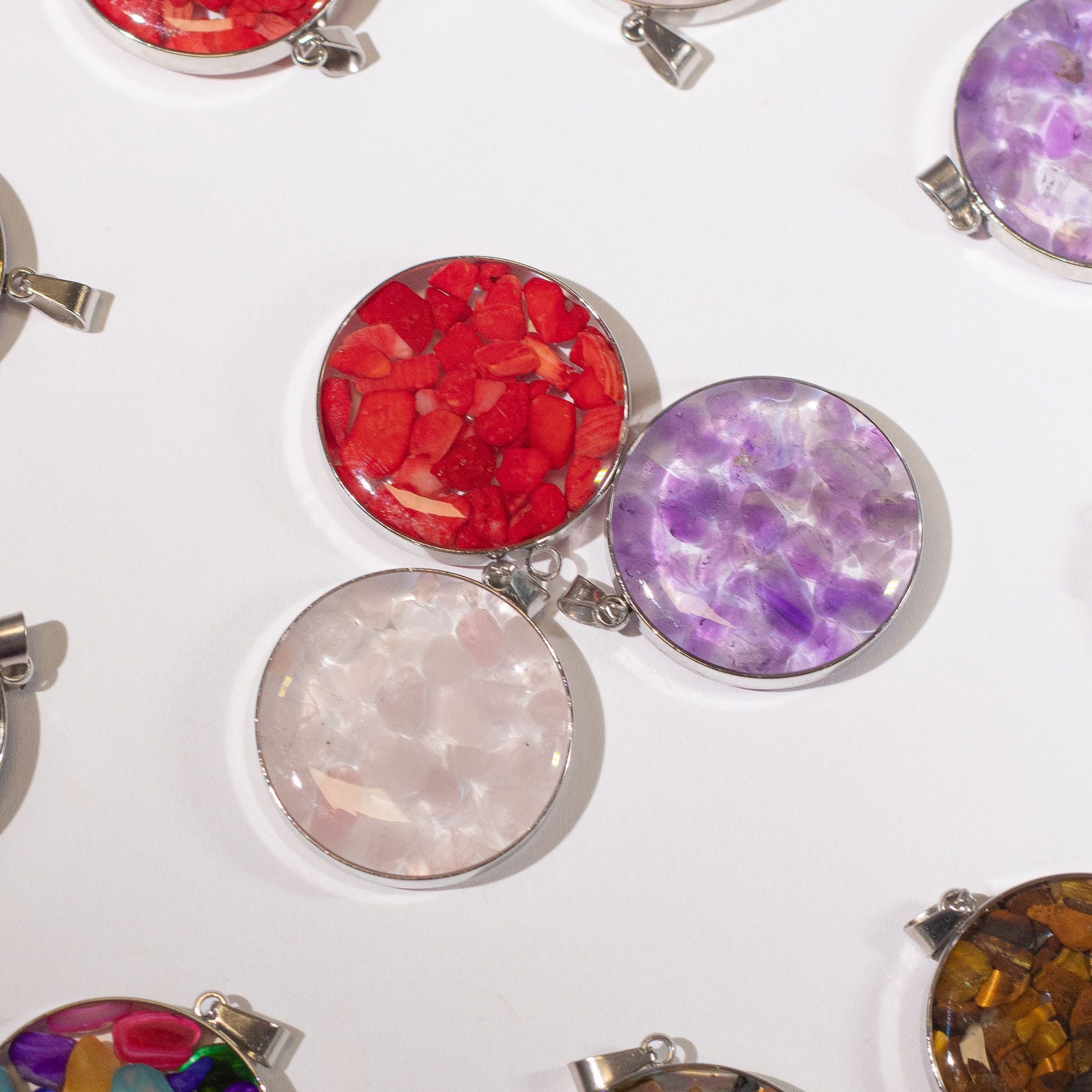 Steel-Cased Round Gemstone Pendants – Assorted (Set of 12)