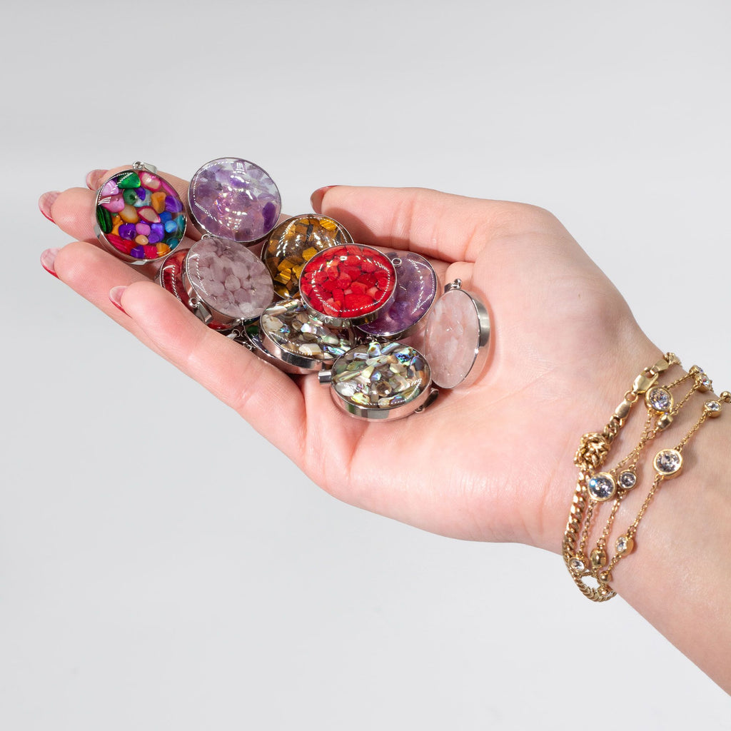 Steel-Cased Round Gemstone Pendants – Assorted (Set of 12)