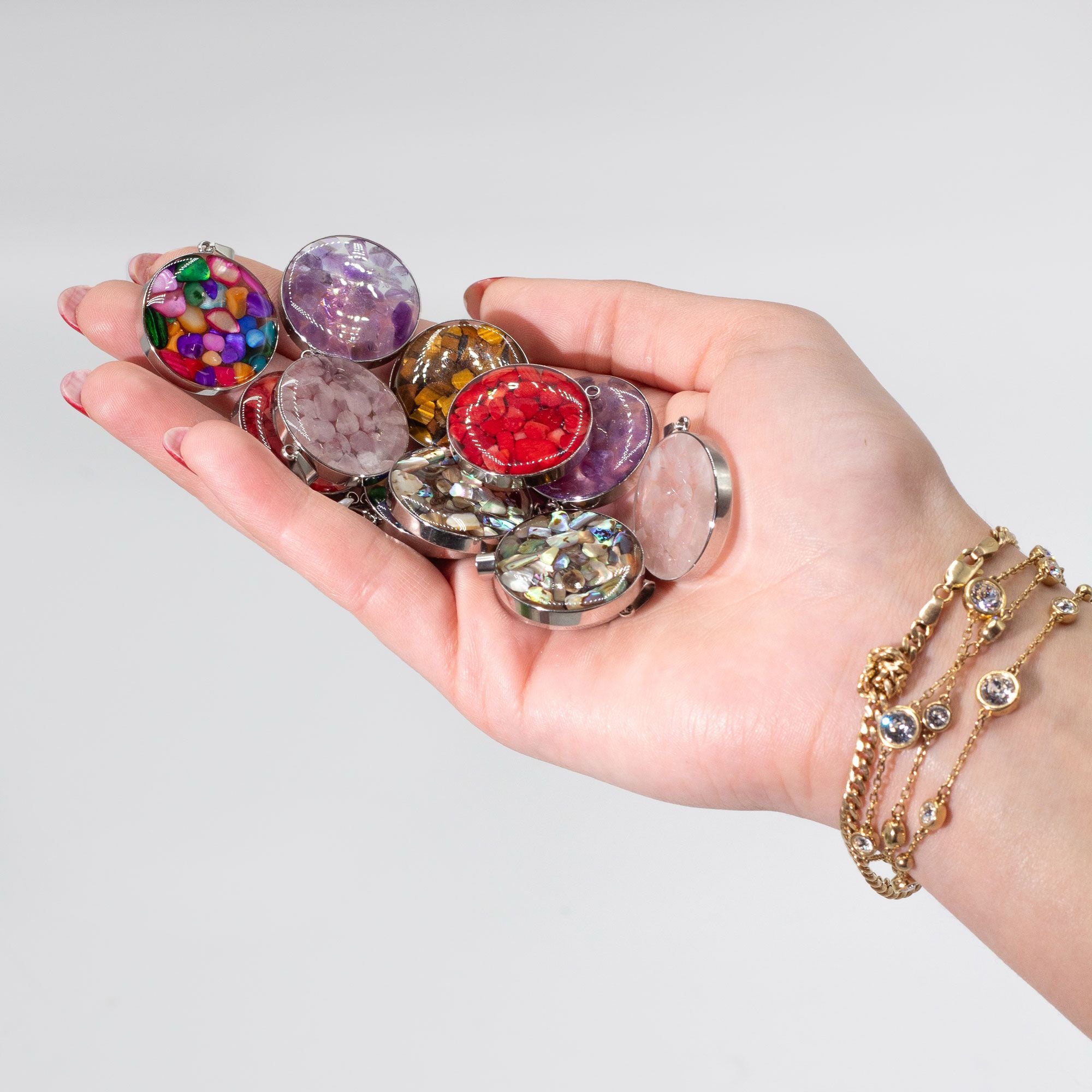 Steel-Cased Round Gemstone Pendants – Assorted (Set of 12)