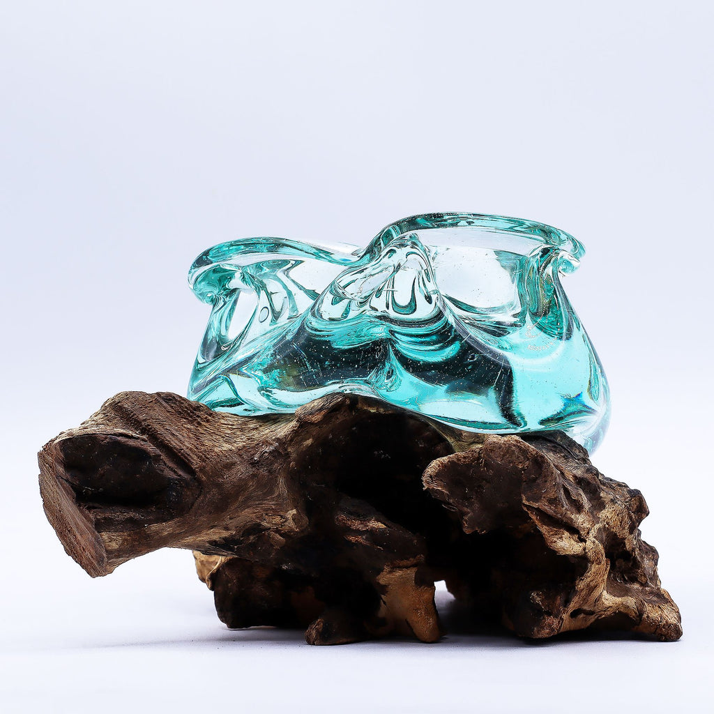 Molten Glass Chunky Ashtray / Candle Holder on Wood 23cm