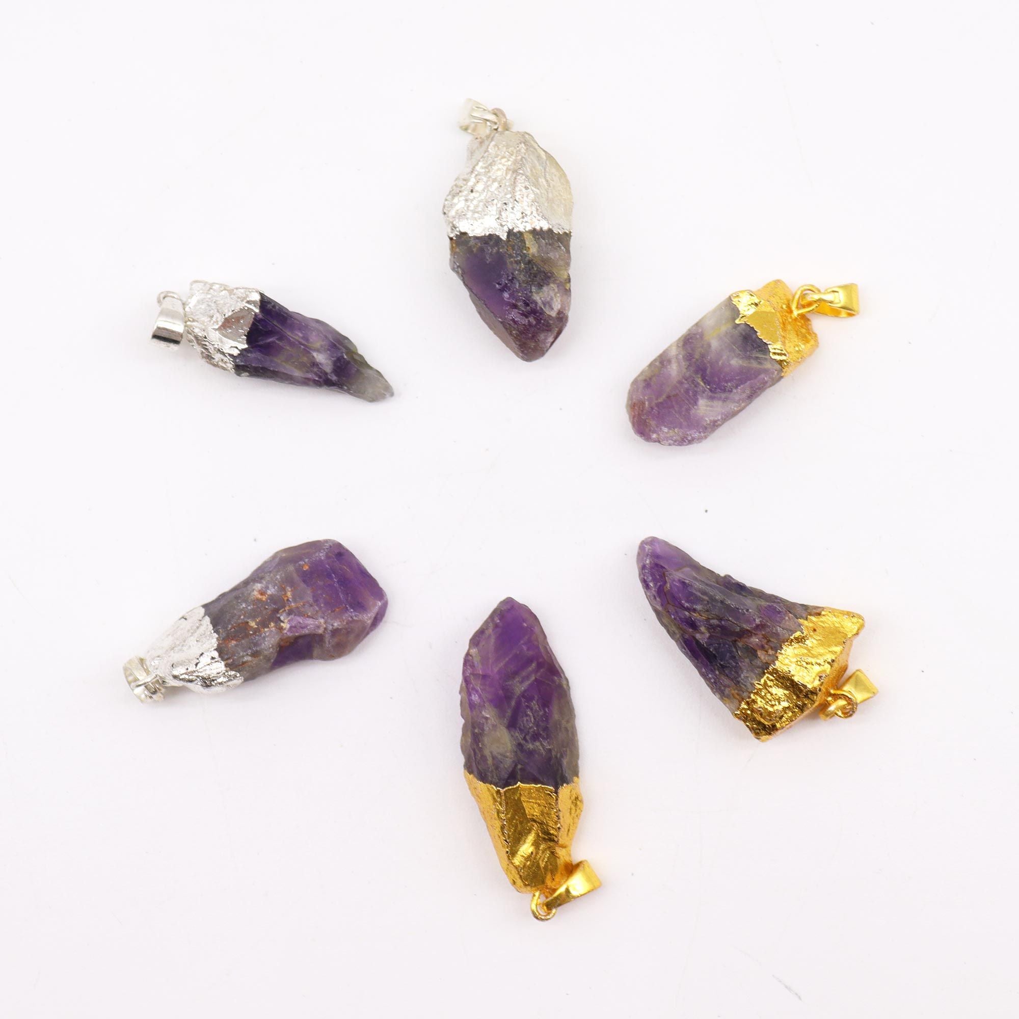 💎 6x Gemstone Amethyst Gold & Silver Plated Pendants (Assorted)