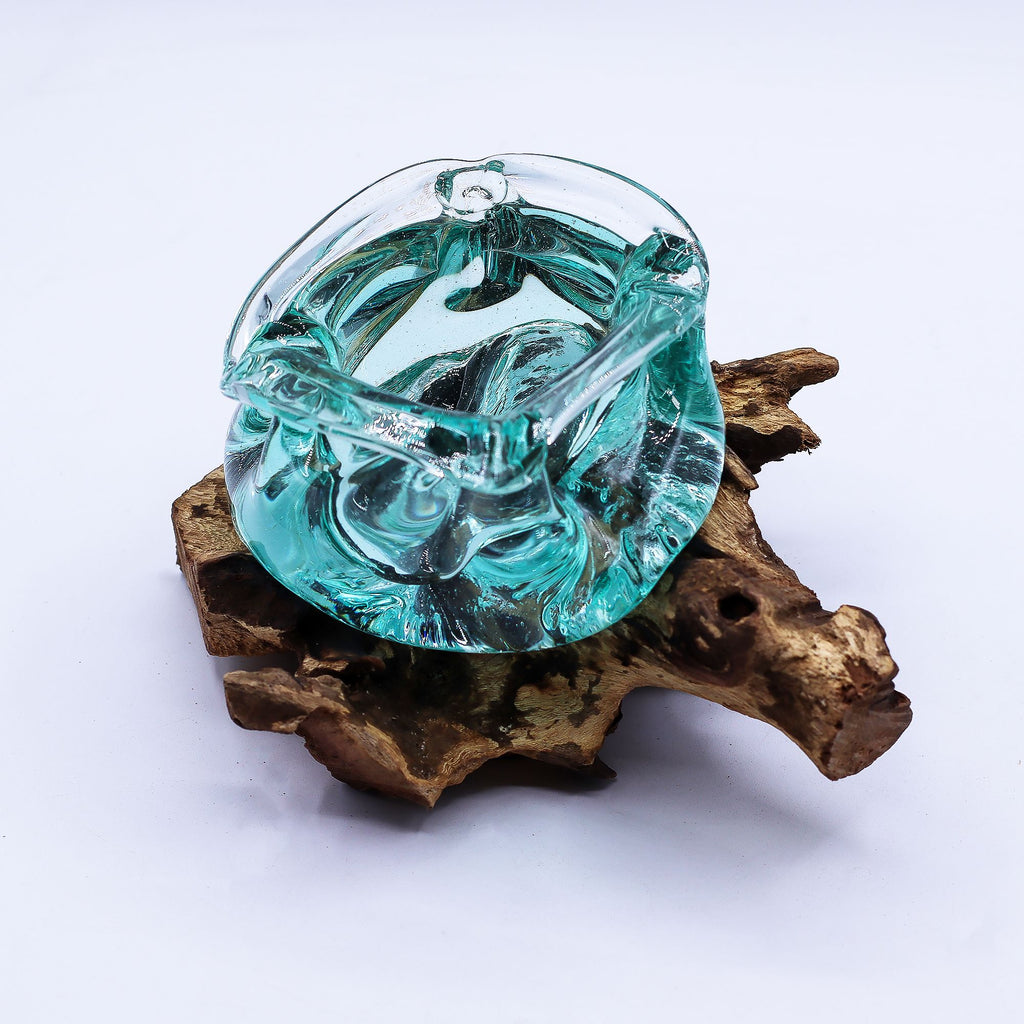 Molten Glass Chunky Ashtray / Candle Holder on Wood 23cm