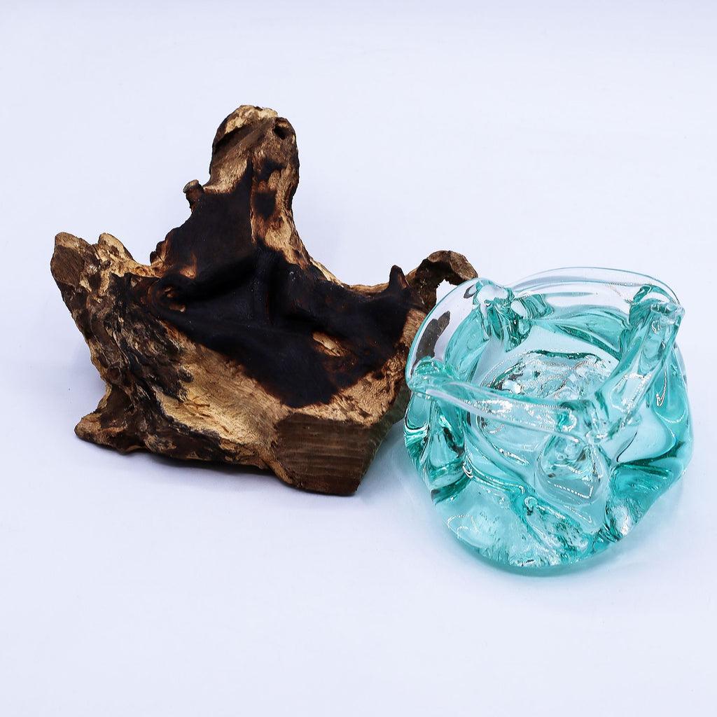 Molten Glass Chunky Ashtray / Candle Holder on Wood 23cm