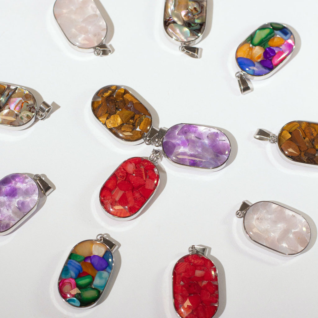 💎 Steel Cased Oval Gemstone Pendants – Assorted Chips & Shells (Set of 12)