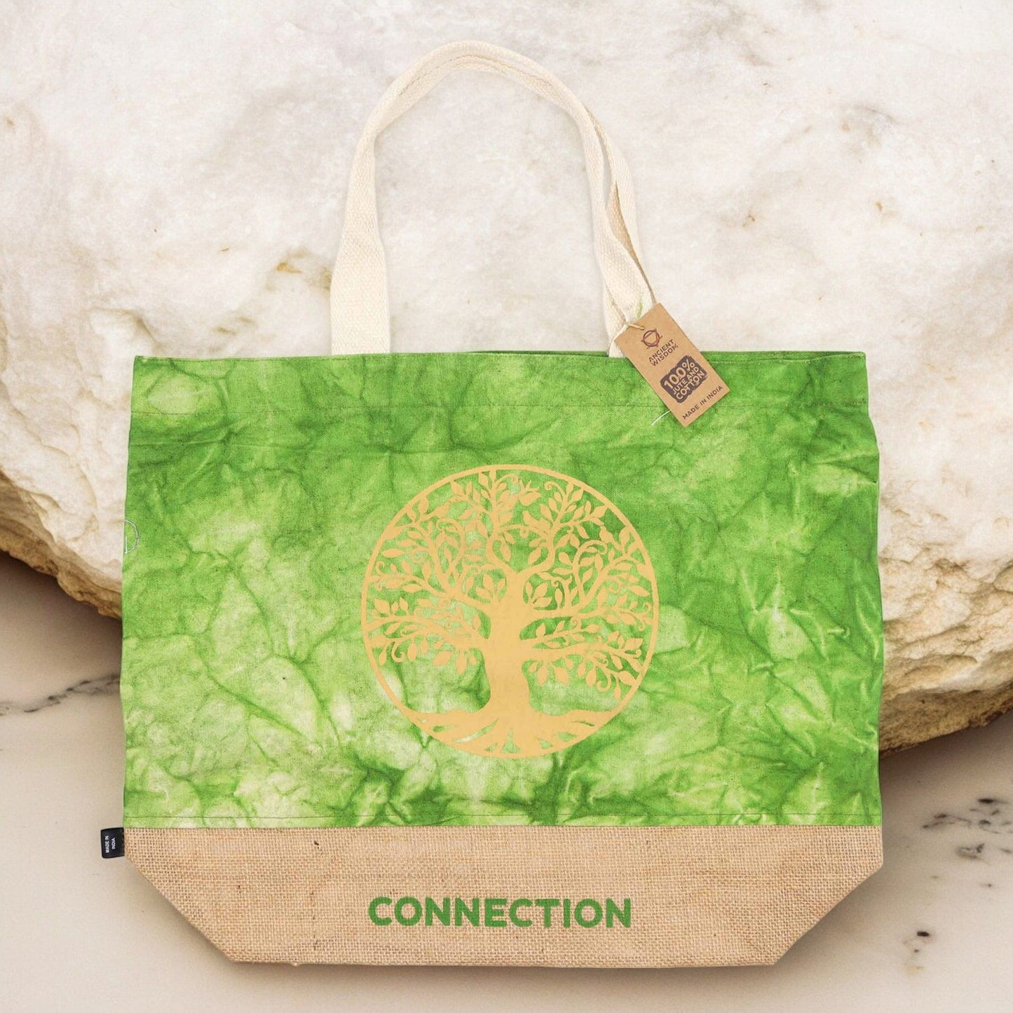 All Natural Bag - Green Stonewash - Tree of Life - Connection - – Cotton & Jute