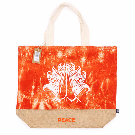 All Natural Bag - Orange Stonewash - Namaste Hand - Peace Tote Bag – Eco-Friendly Cotton & Jute Shopper