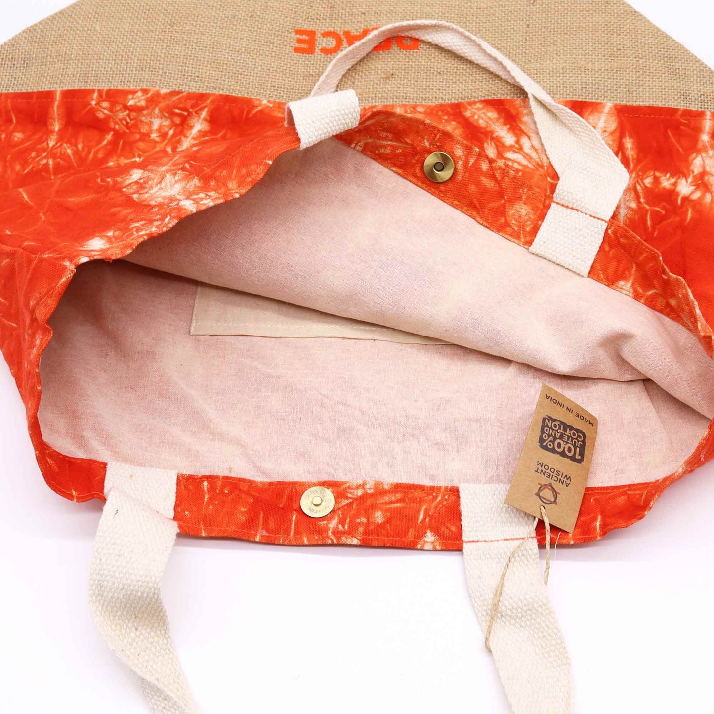 All Natural Bag - Orange Stonewash - Namaste Hand - Peace Tote Bag – Eco-Friendly Cotton & Jute Shopper