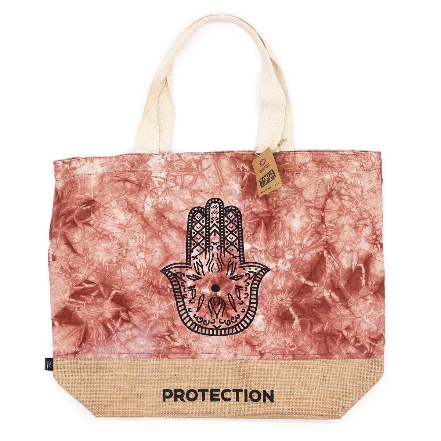 All Natural Terracotta Stonewash Tote Bag – Hamsa Hand Protection Design – Cotton & Jute