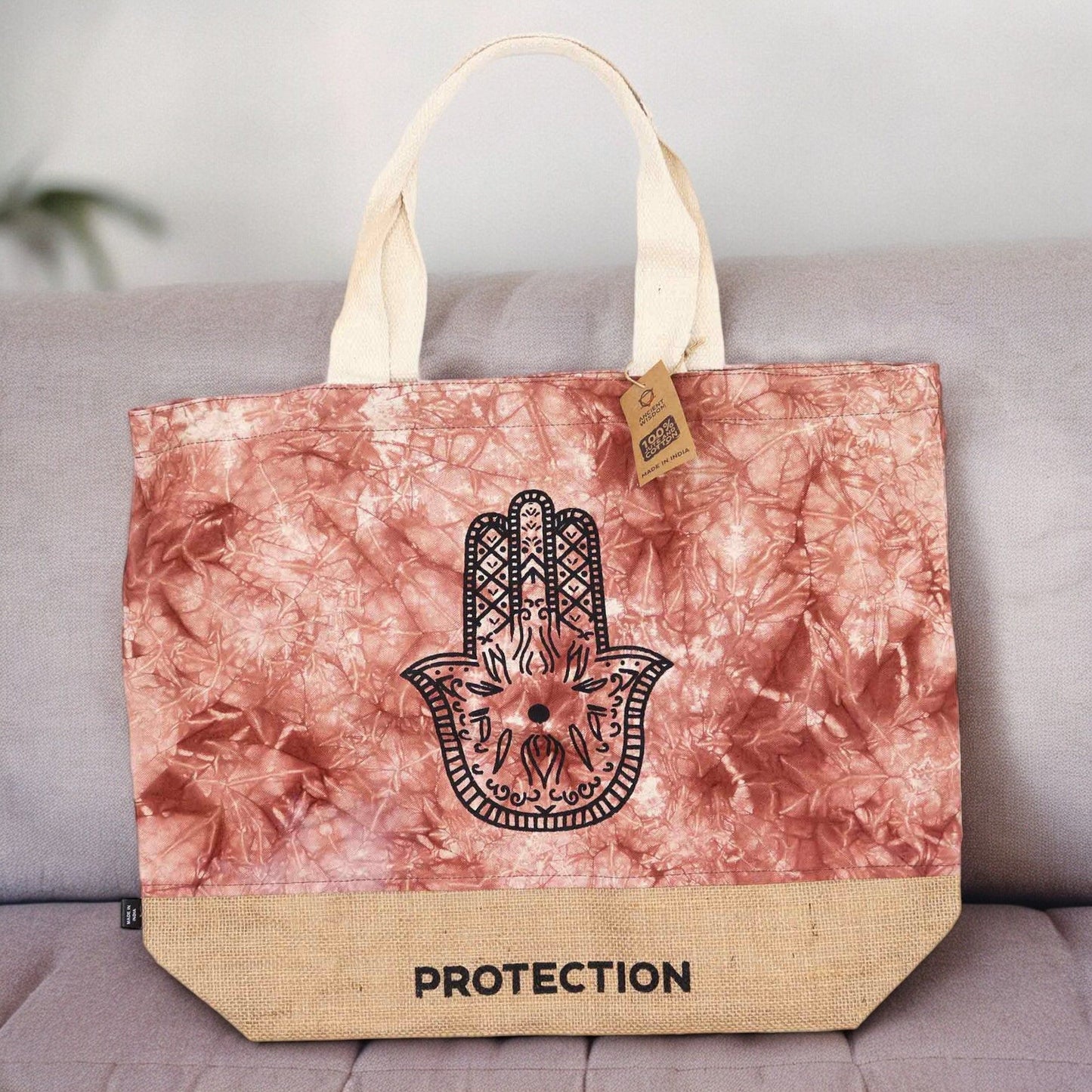 All Natural Terracotta Stonewash Tote Bag – Hamsa Hand Protection Design – Cotton & Jute