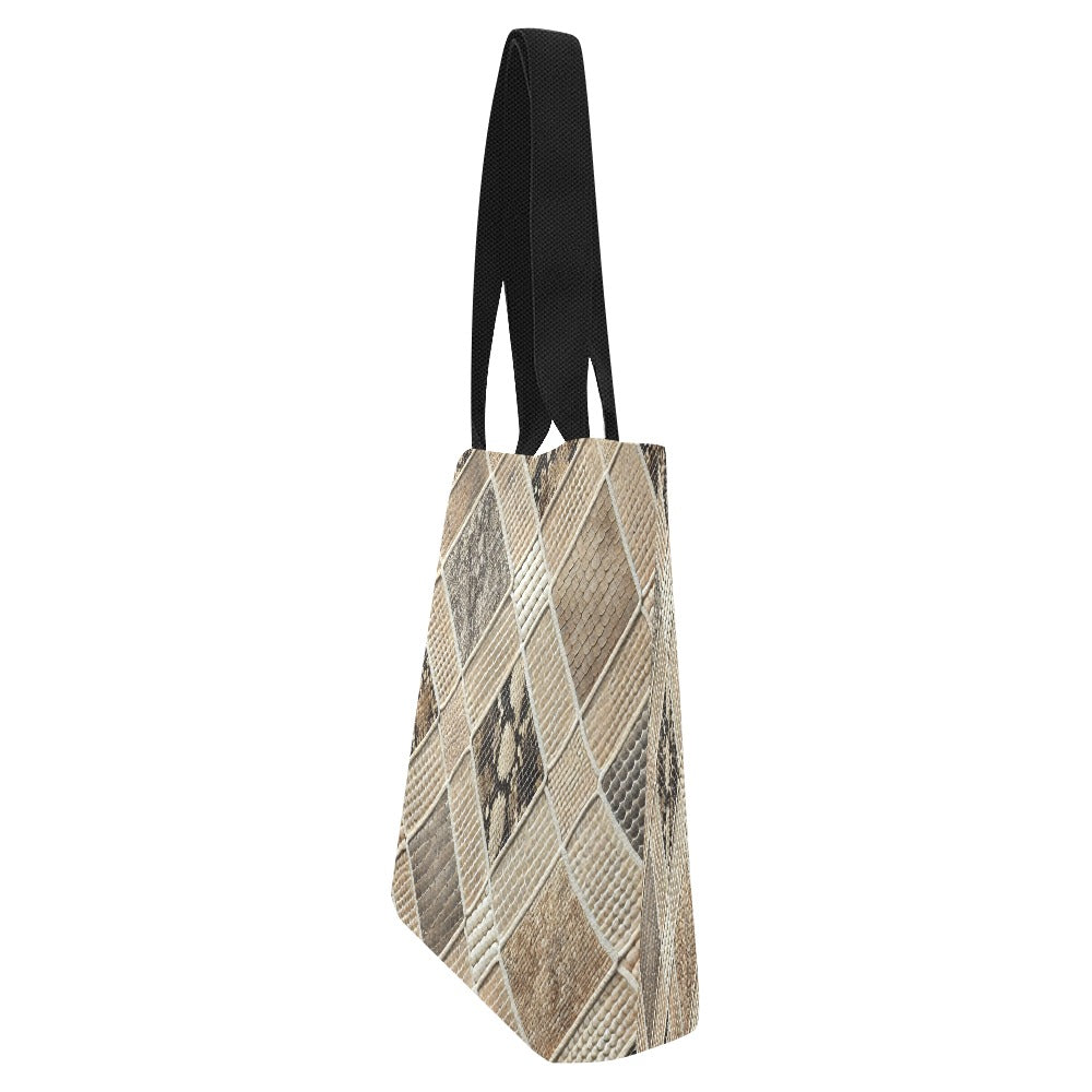 Stylish Faux Snakeskin Print Canvas Tote Bag – Reusable Shoulder Shopper Bag with Black Handles, Lightweight & Durable Handbag for Everyday Use